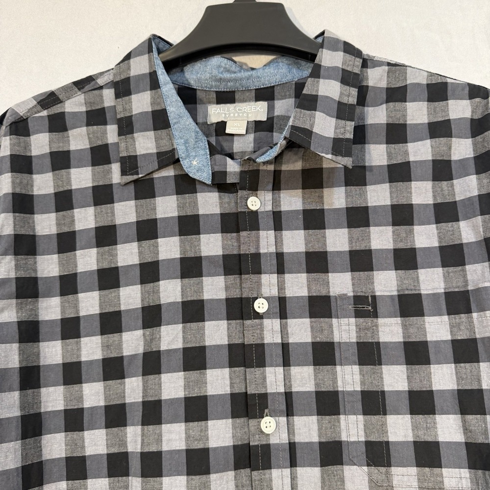 Falls Creek Men's Gray Black Plaid Oxford‎ Long Sleeve Button-Down Shirt Size XL